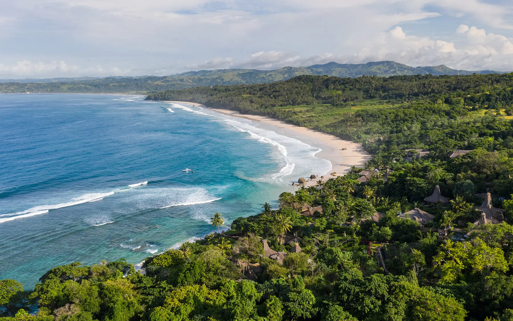 Aerial view of NIHI Sumba above Nihiwatu Beach and the Indian Ocean